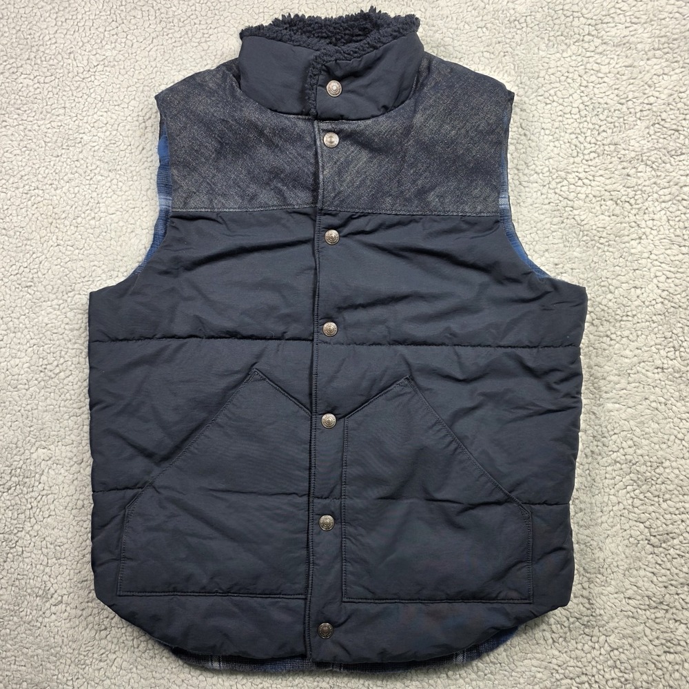 Gap Pendleton Vest Mens Small Navy‎ Blue Denim Puffer Plaid Lined Sherpa Collar